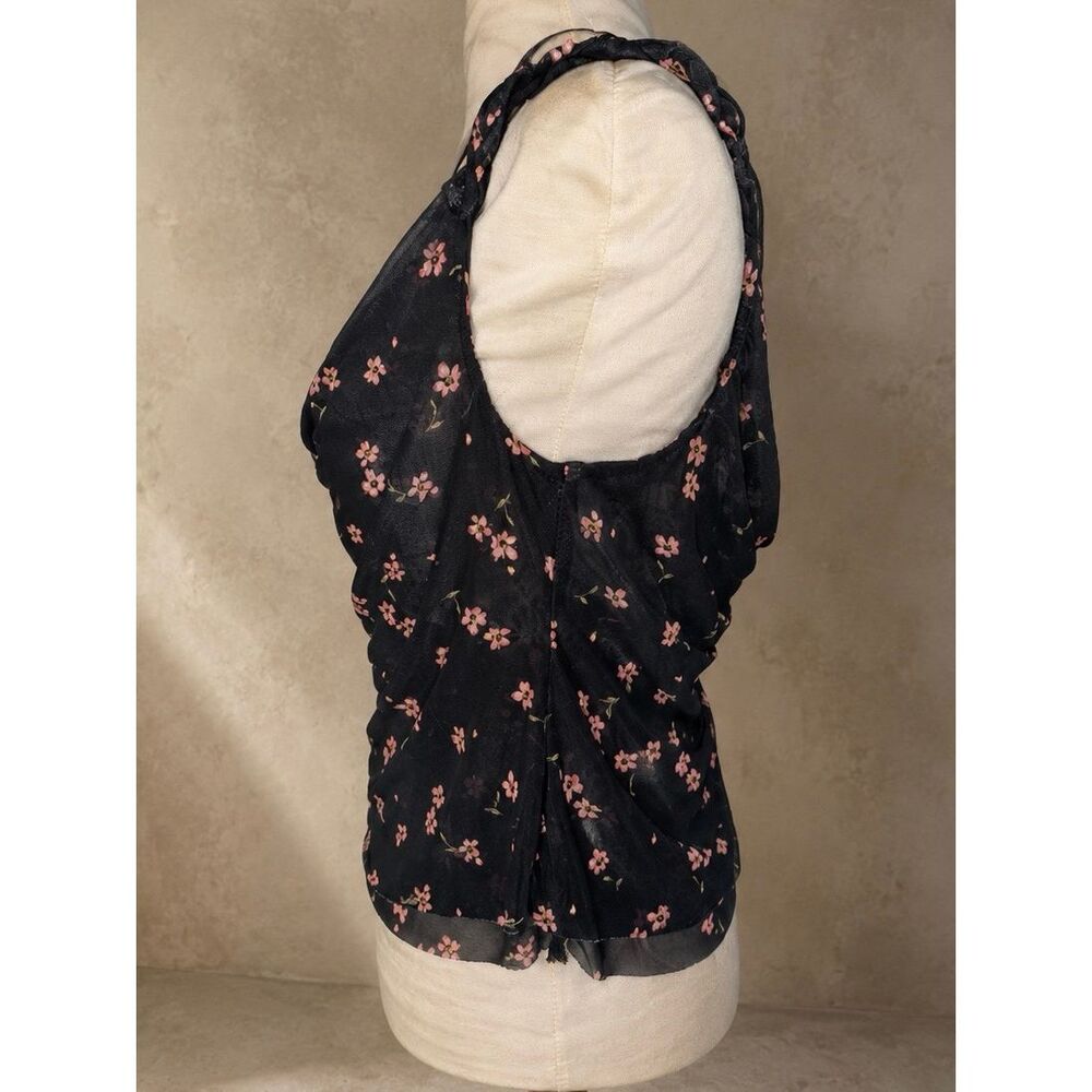 Free People Sz L AFRM Asher 2-Ply Mesh Cowl Top Black Pink Floral Sheer Draped T - Picture 6 of 12
